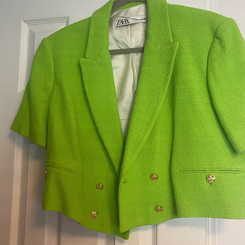 Zara Neon Green tweed crop blazer sz xxl - Picture 2 of 2